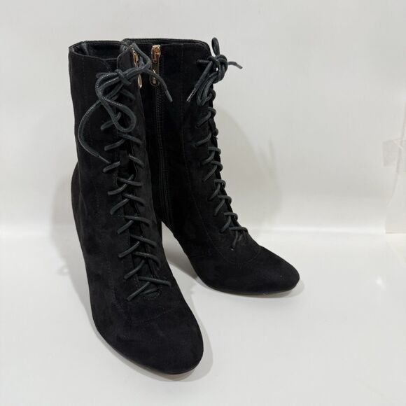X2B Booties Woman 7 Lace Black Lace Up Block Heel Side Zipper Faux Suede - Picture 8 of 16